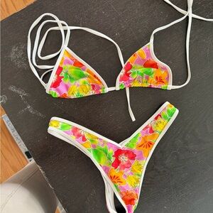 Floral Triangle String Bikini Set in Pink & Green
